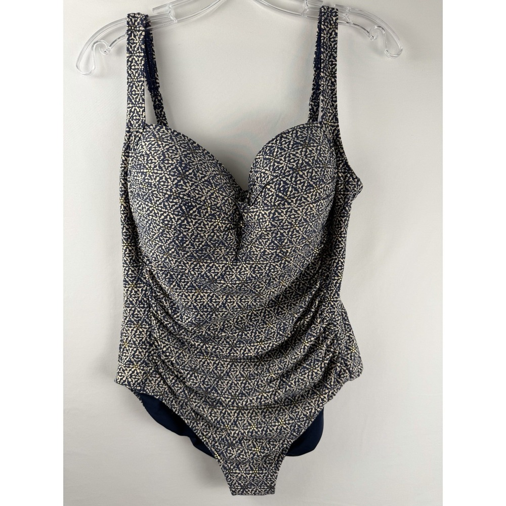 Nip Tuck Swimsuit Navy Cream Gold Patterned One Piece Beach Resort Pool Sz 12